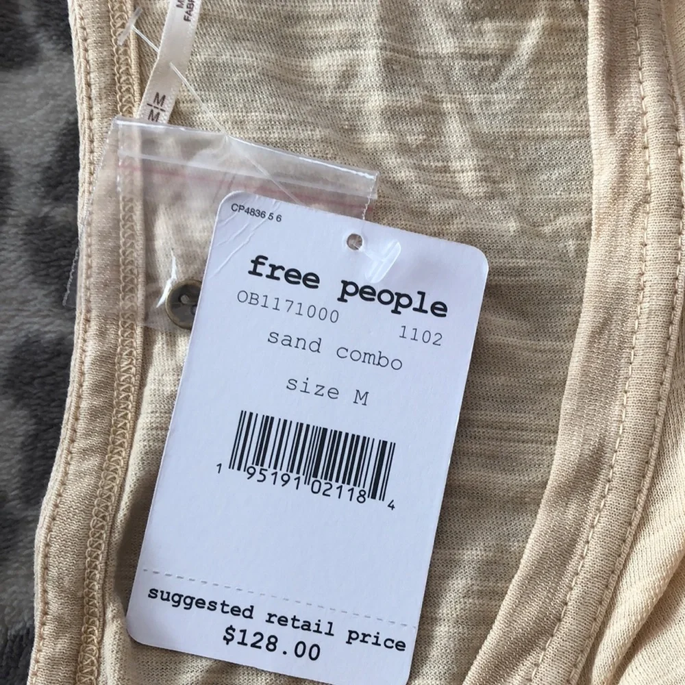 Free People Throwback Embroidered Volume Sleeve Top in Sand Combo Size Medium